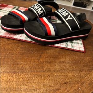 Tommy Hilfiger Black Sandals with Red, White, and Blue Stripes